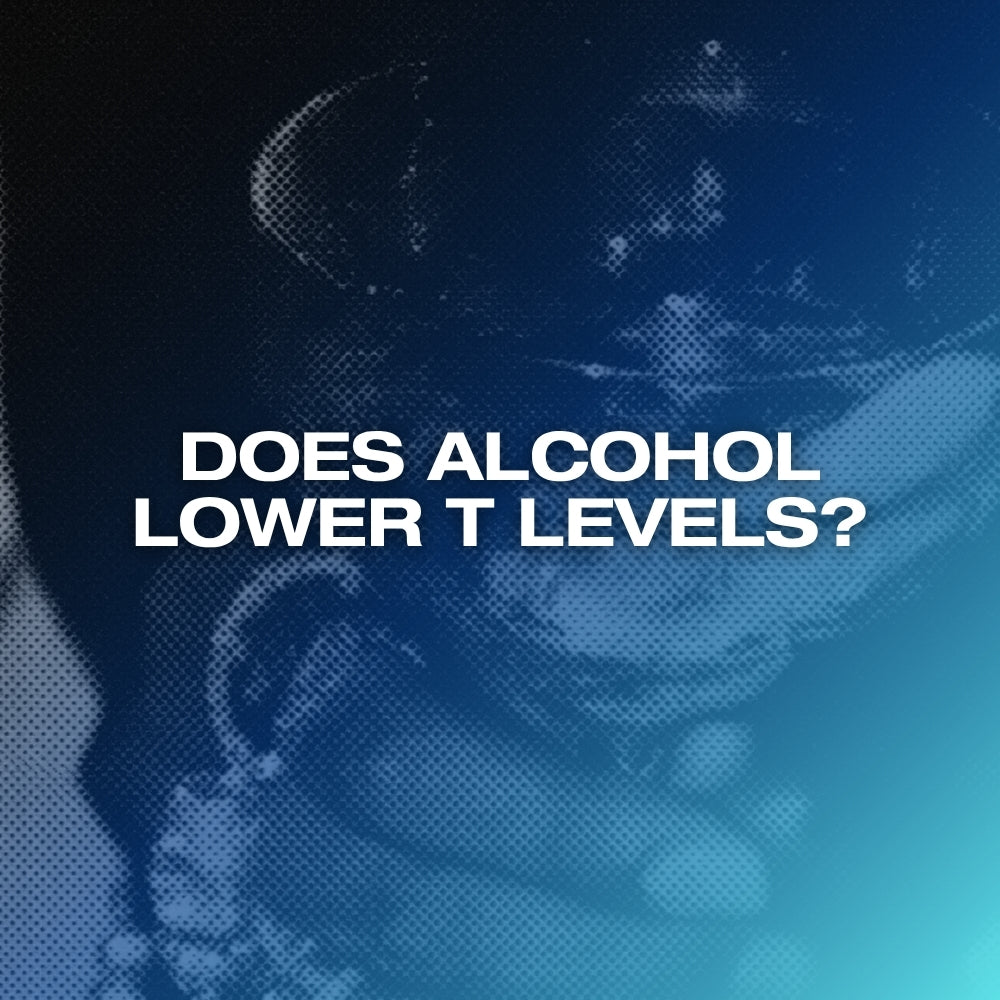 Does alcohol lower testosterone: ETERNO blog feature image with the headline Does Alcohol Lower T Levels over a dark blue gradient