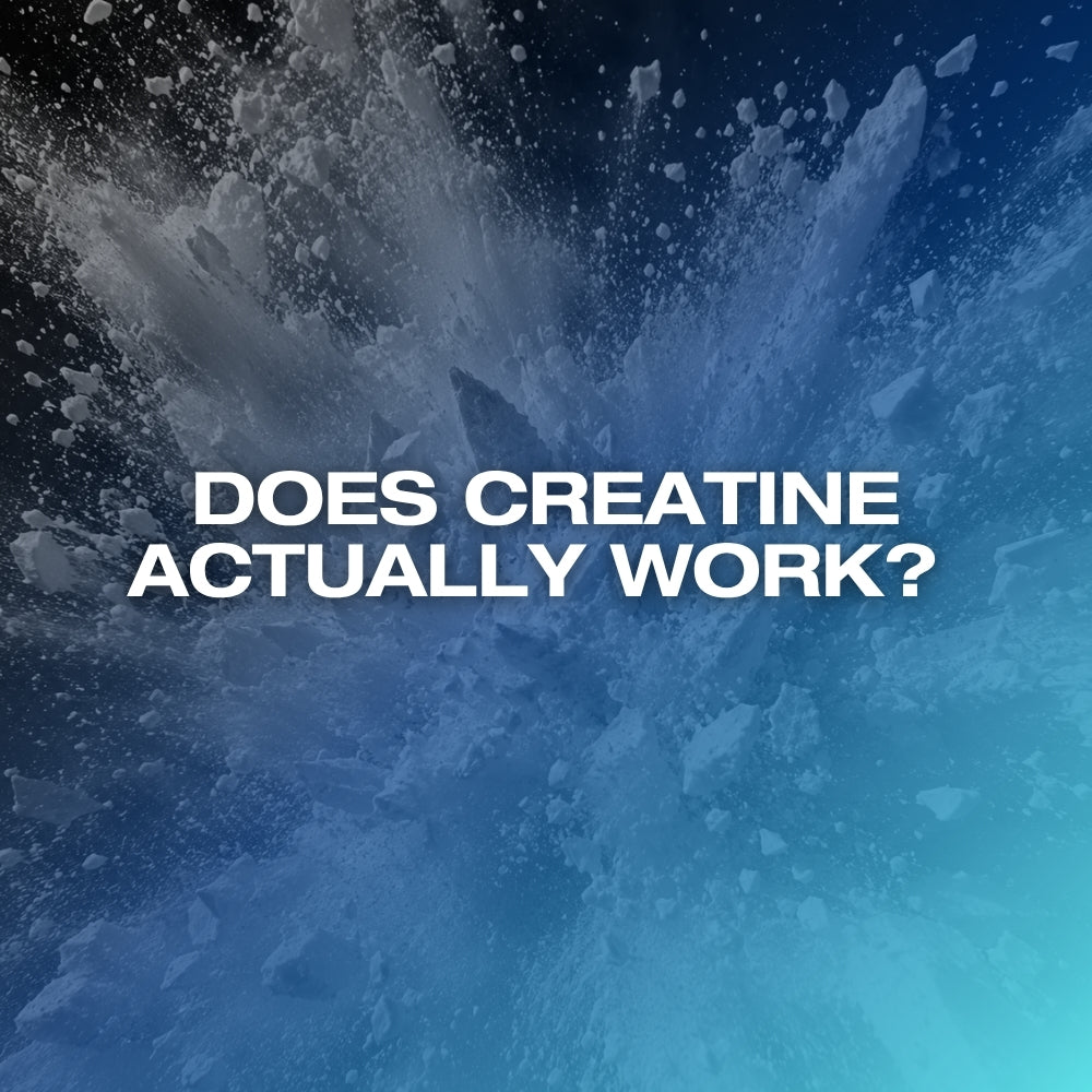 Does creatine work: ETERNO blog feature image with the headline Does Creatine Actually Work over a blue powder-burst background.