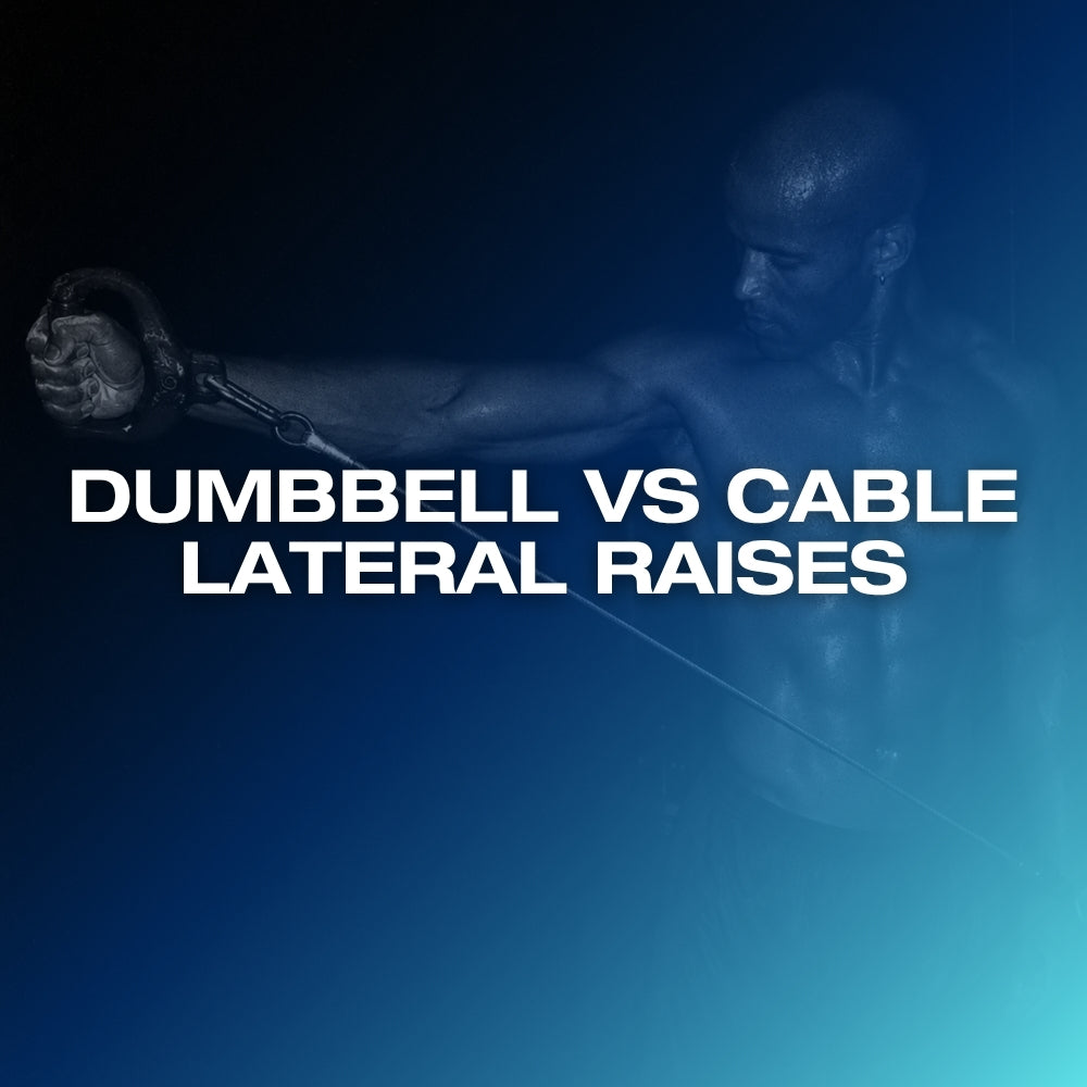 Dumbbell vs cable lateral raise: ETERNO blog feature image with the headline Dumbbell vs Cable Lateral Raises over a dark blue gradient