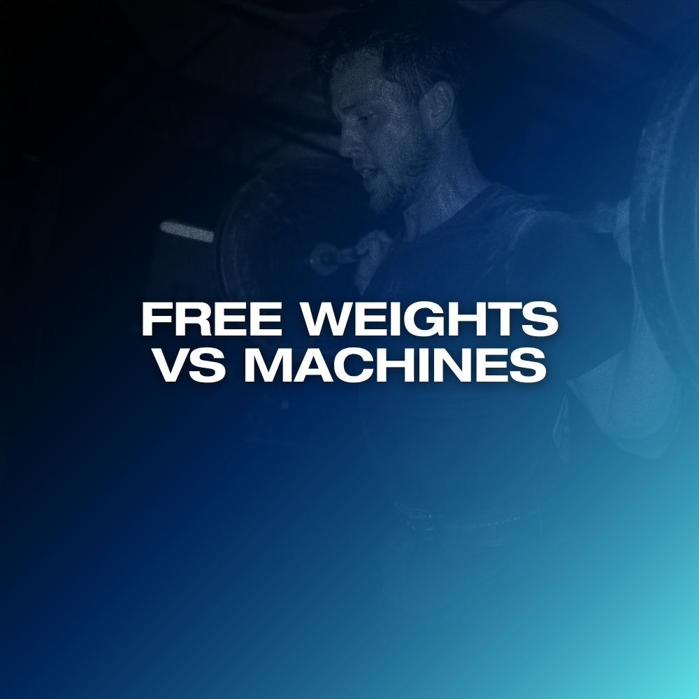 Free weights vs machines: ETERNO blog feature image with the headline Free Weights vs Machines over a dark blue gradient