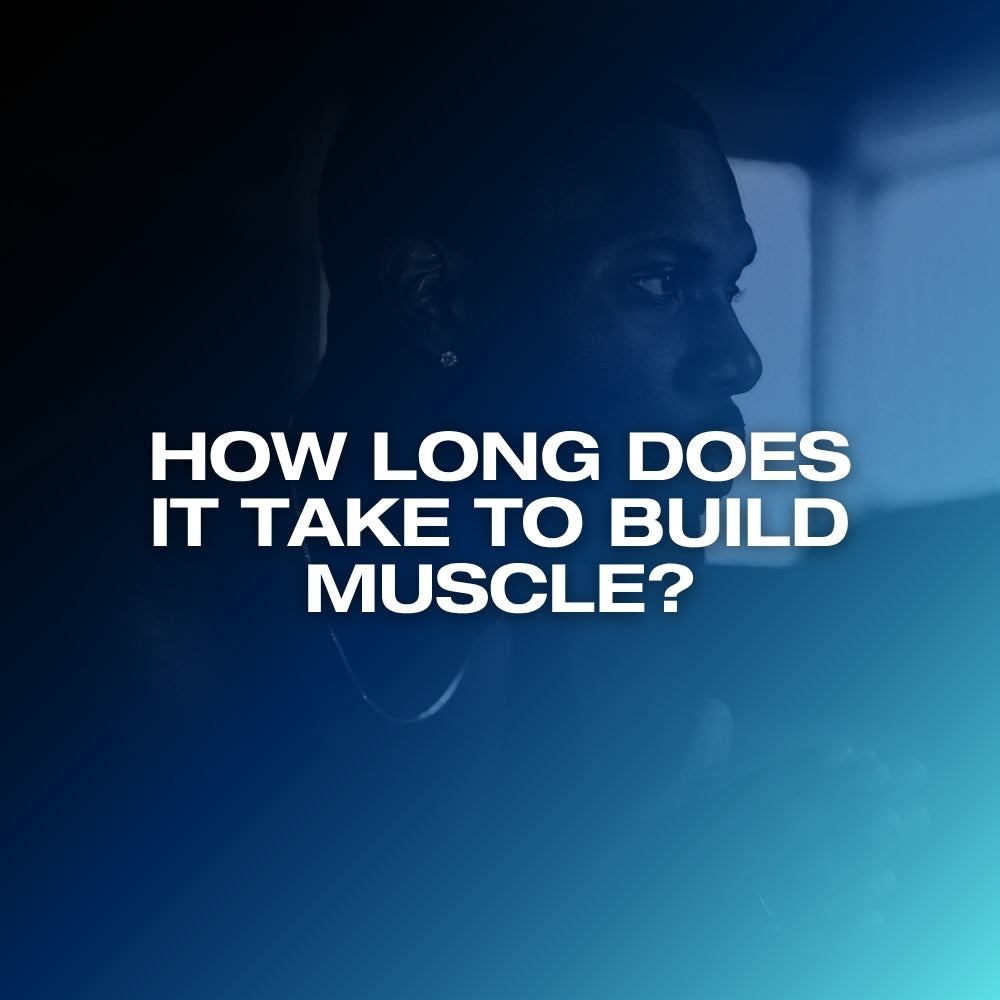 How long does it take to build muscle: ETERNO blog feature image with the headline How Long Does It Take to Build Muscle over a dark blue gradient