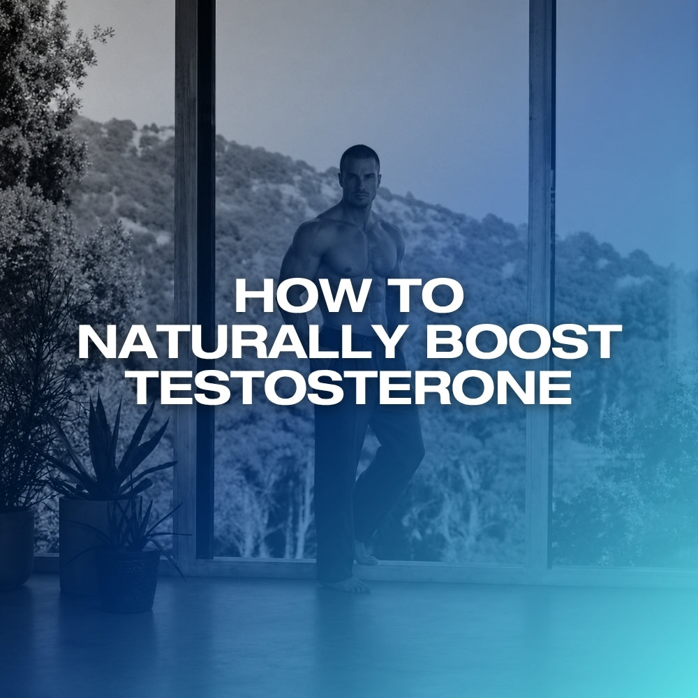ETERNO blog feature image for How to Naturally Boost Testosterone — black and white editorial photograph of a lean athletic man with a blue-teal gradient overlay