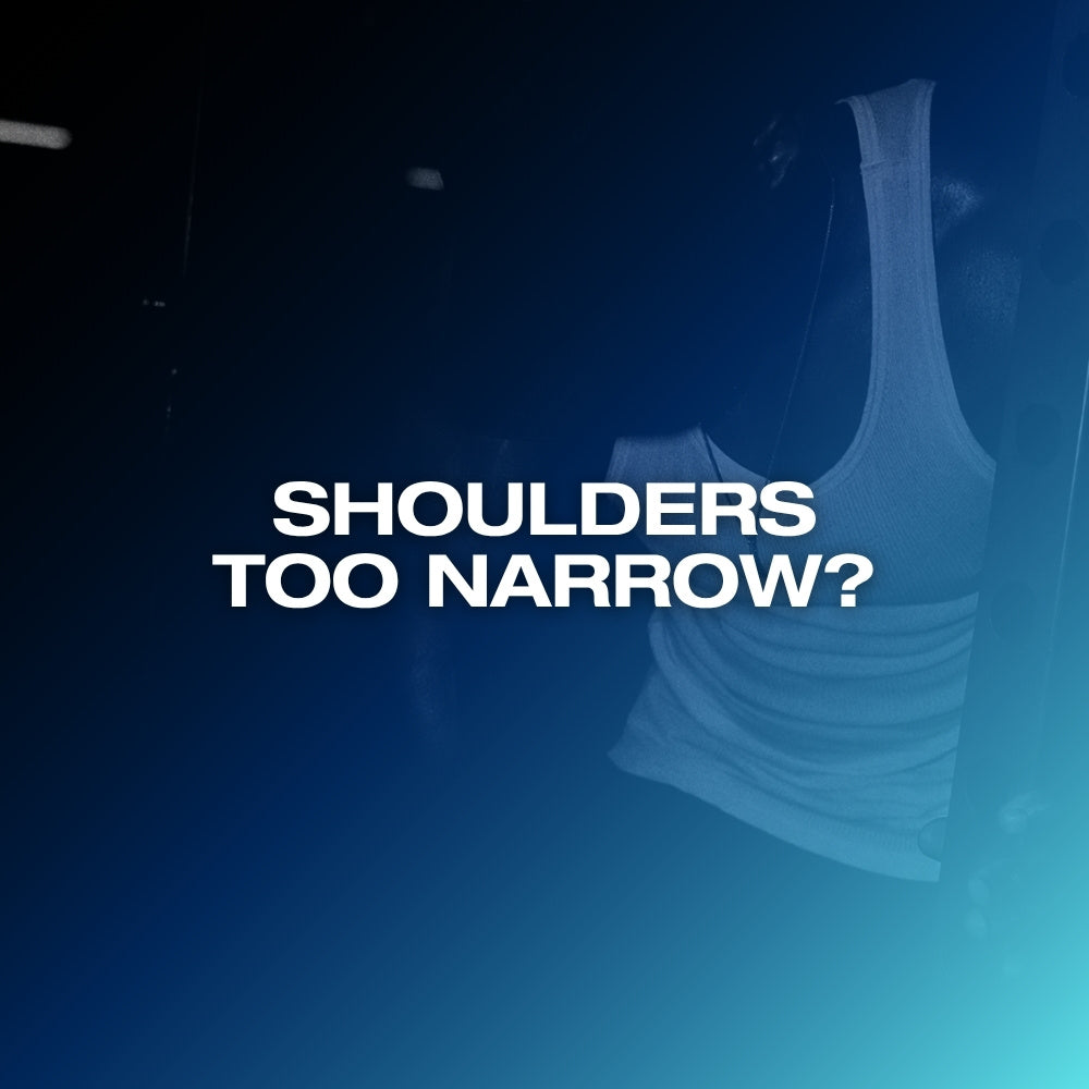 How to get broader shoulders: ETERNO blog feature image with the headline Shoulders Too Narrow over a dark blue gradient