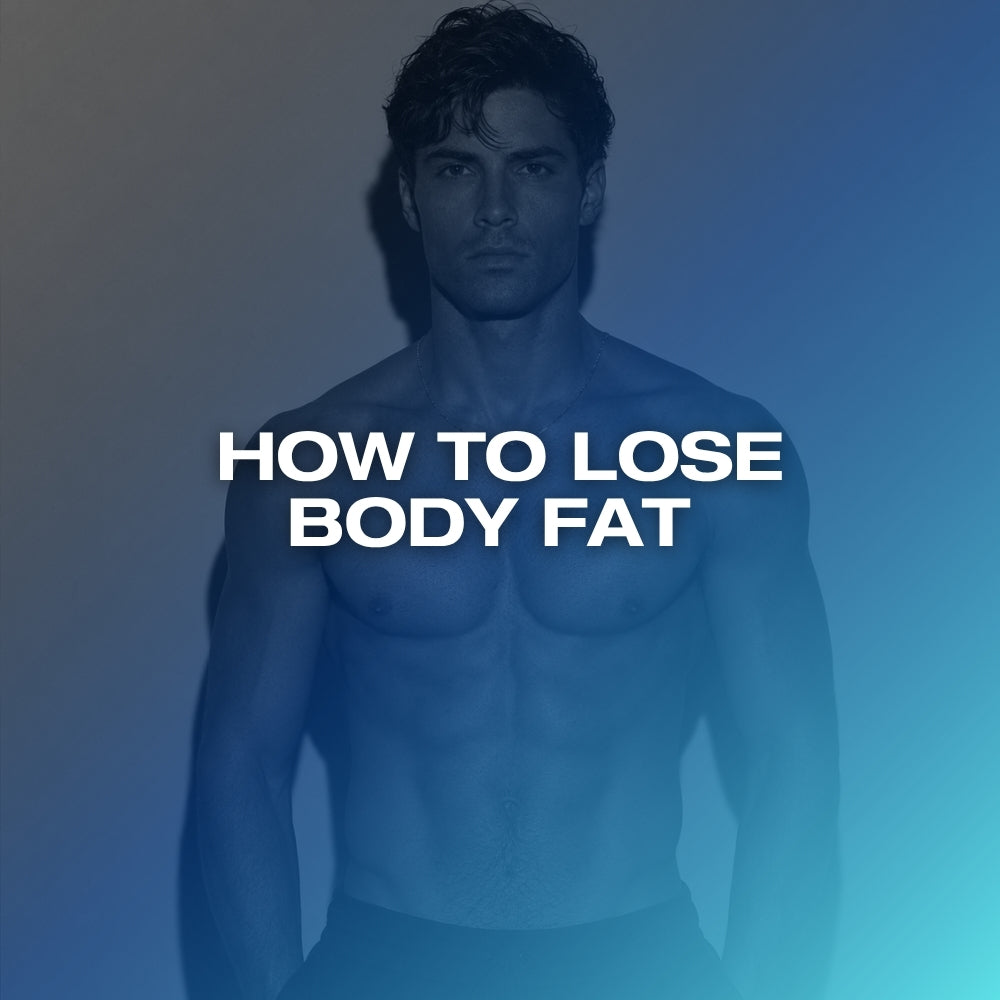 Shirtless lean muscular man with visible abs in dramatic low-key studio lighting with blue teal gradient overlay and text reading HOW TO LOSE BODY FAT