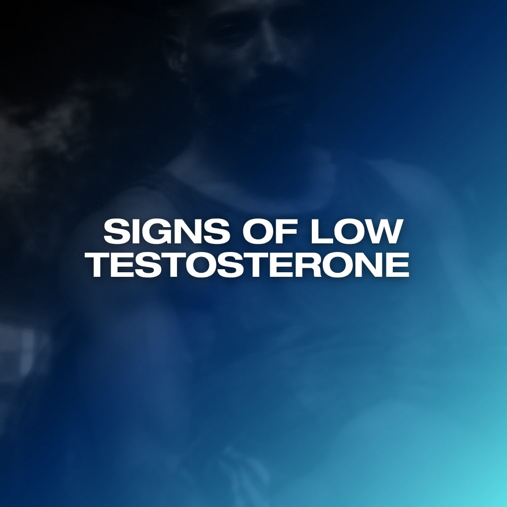 Signs of low testosterone in men: ETERNO blog feature image with the headline Signs of Low Testosterone over a dark blue gradient