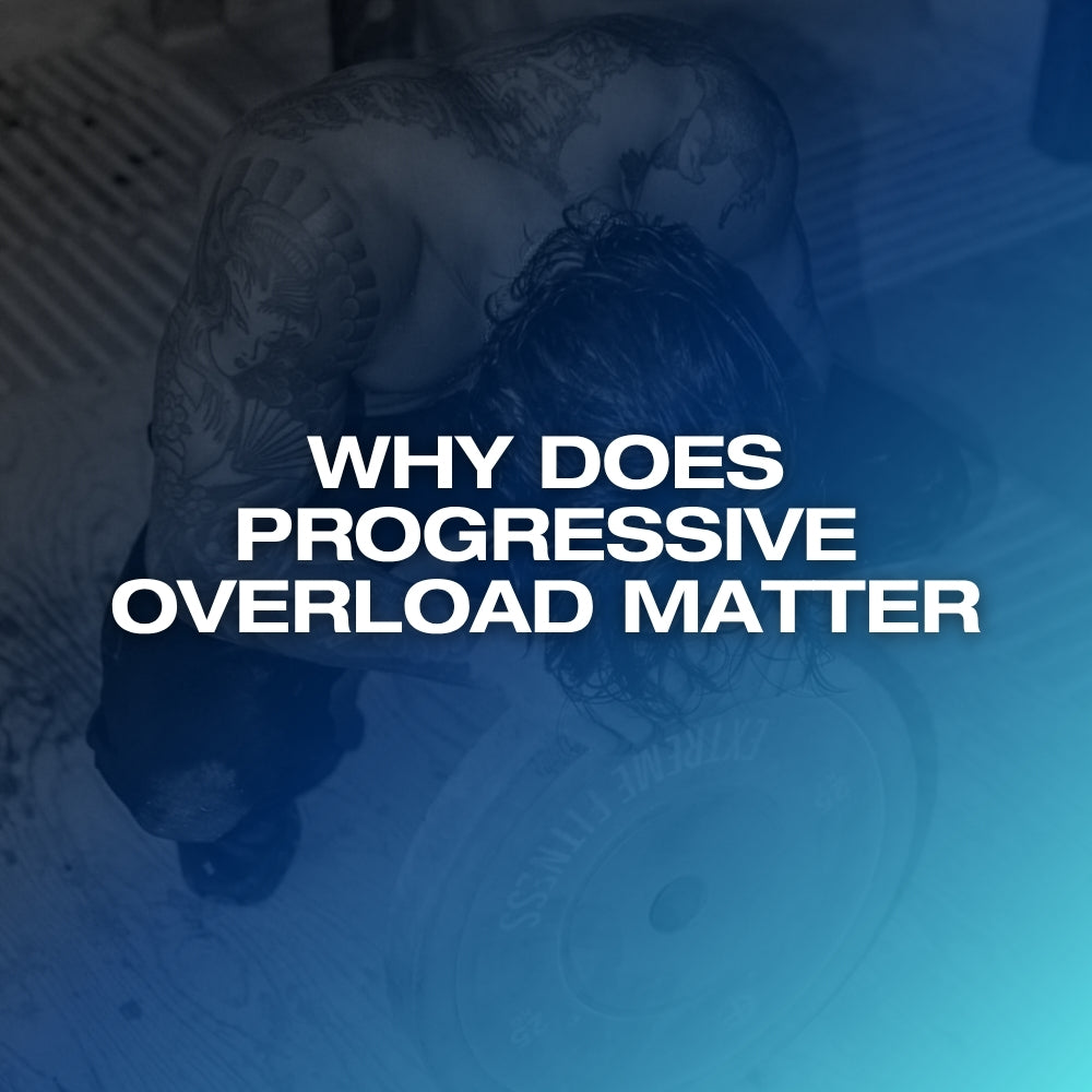 What is progressive overload: ETERNO blog feature image with the headline Why Does Progressive Overload Matter over a man lifting a barbell in a dark gym.