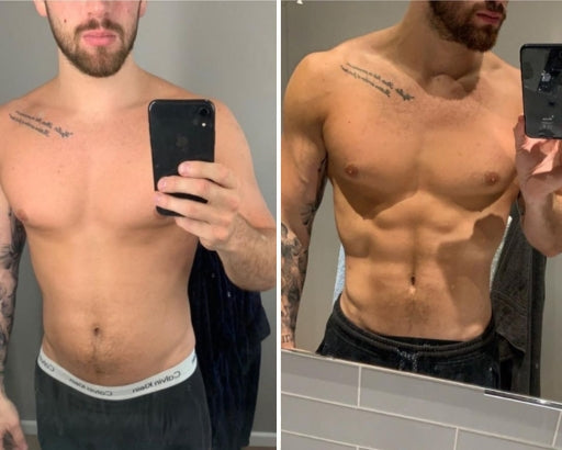 Side-by-side comparison of a person taking a mirror selfie, showing their upper body and tattoos.