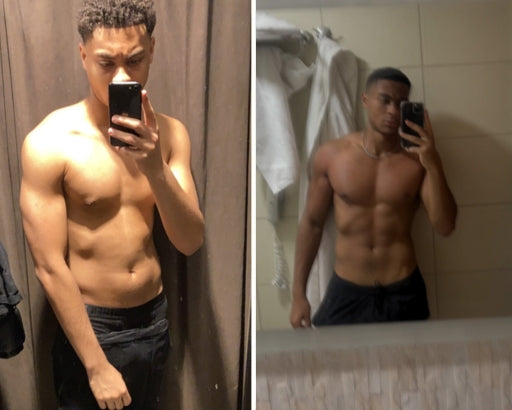 Man taking a mirror selfie in a bathroom, shirtless.